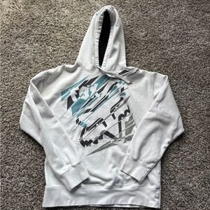 Fox Men's White Crewneck Hoodie with Teal and Gray Graphic